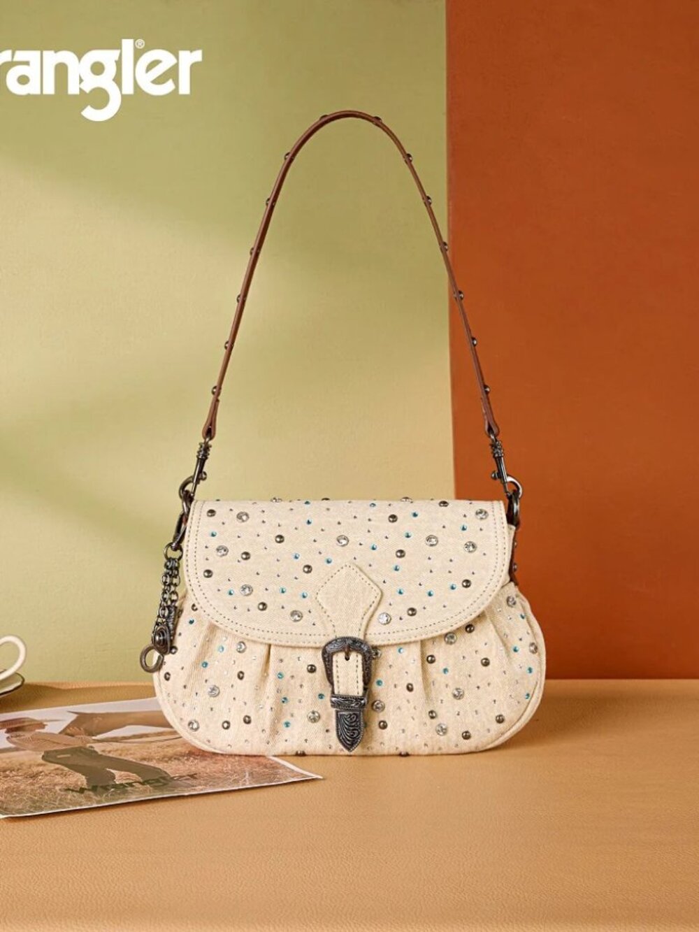 Wrangler Western Rhinestone Denim Flap Crossbody Shoulder Bag Tan